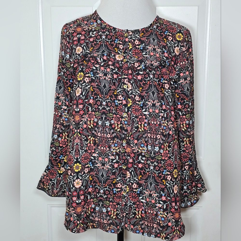 Lauren Conrad Black Floral Print Blouse Top Large Ruffle Cuff